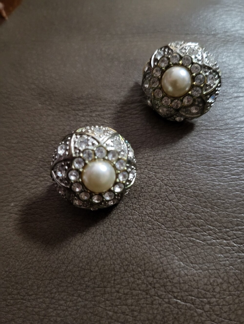Silver Crystal and Pearl Floral Button Earrings - Classic Accent